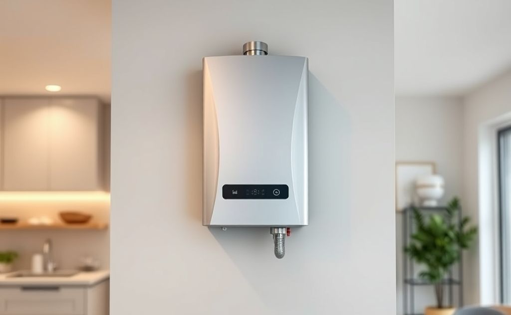 A modern tankless water heater mounted on a wall in a home setting