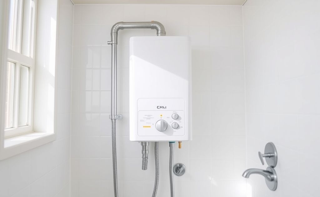 A modern water heater in a bright, clean bathroom setting.