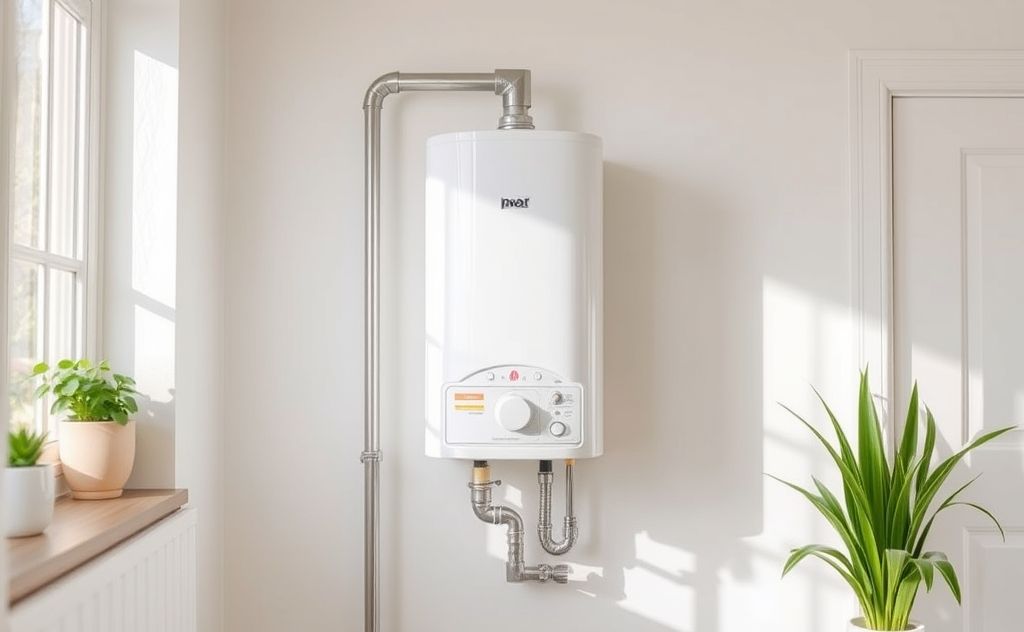 A modern water heater in a bright, clean home setting.