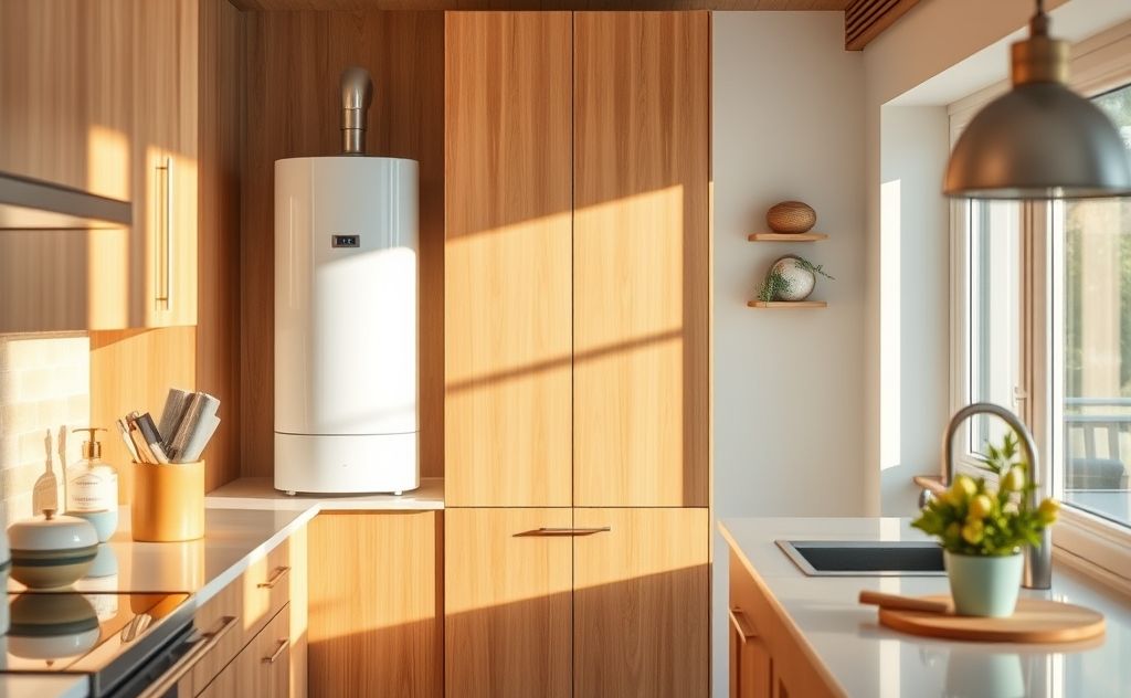 A modern water heater in a bright, inviting home setting.
