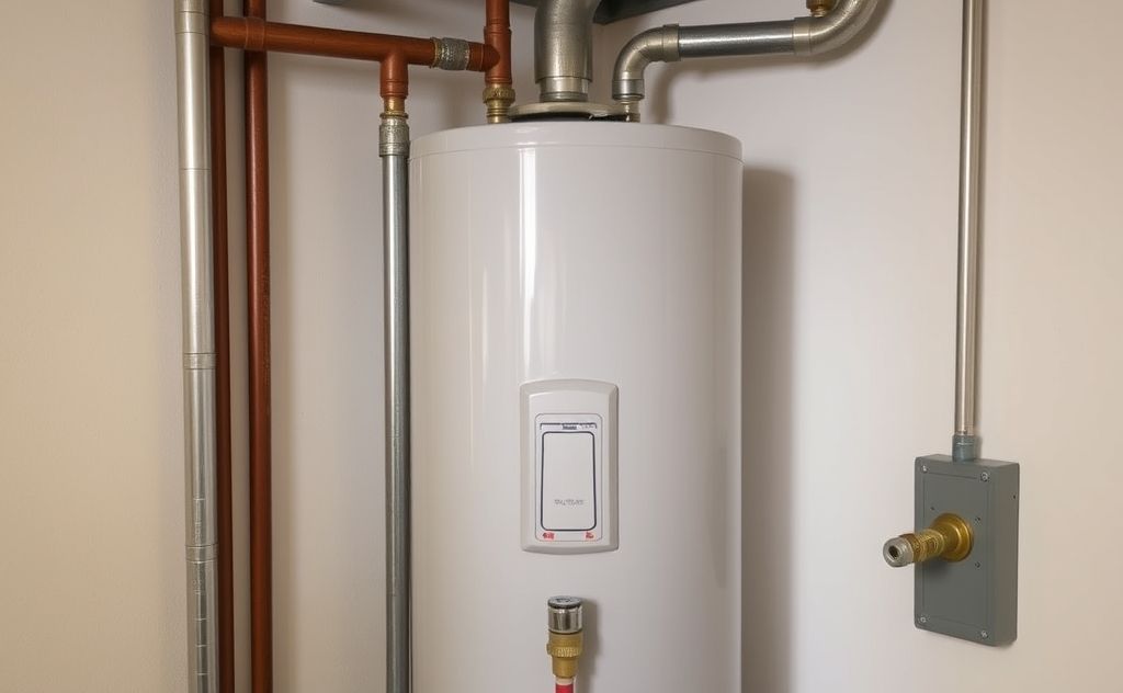 A modern water heater in a home setting with pipes and valves.