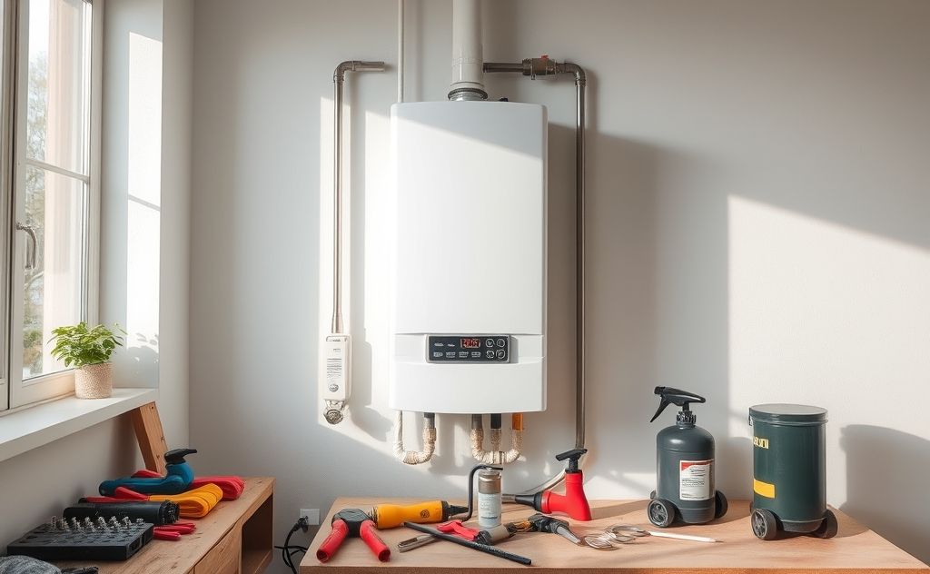 A modern water heater in a home setting with tools nearby.