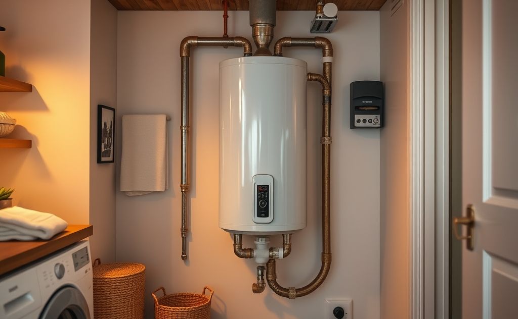 A modern water heater installation in a cozy home setting.