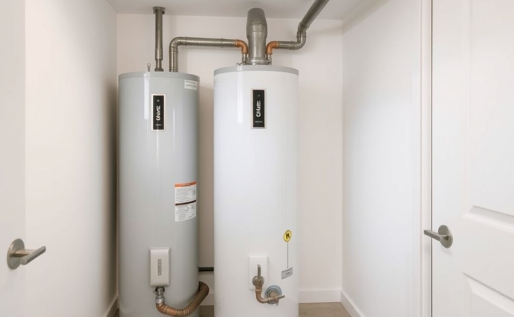 A modern water heater installed in a bright, clean utility room.
