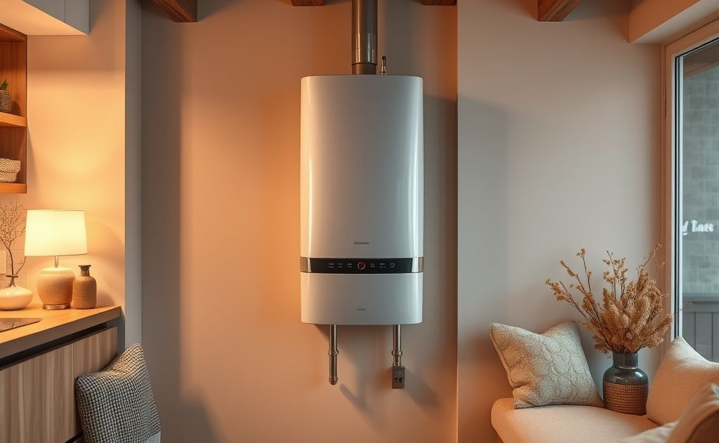 A modern water heater installed in a cozy home setting.