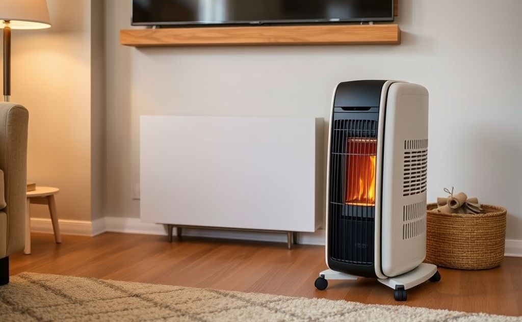 A modern, efficient heater in a cozy living room setting.