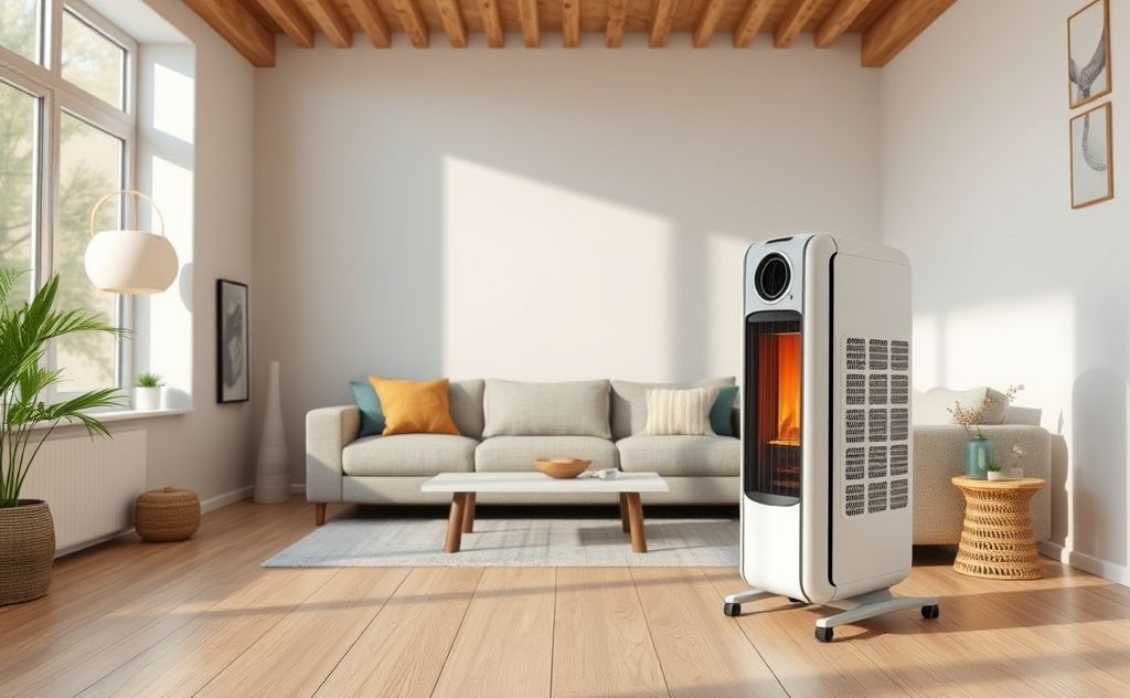 A modern, energy-efficient heater in a spacious living room setting.