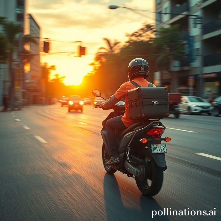 Kurir motor melaju di jalan kota Depok saat matahari terbit