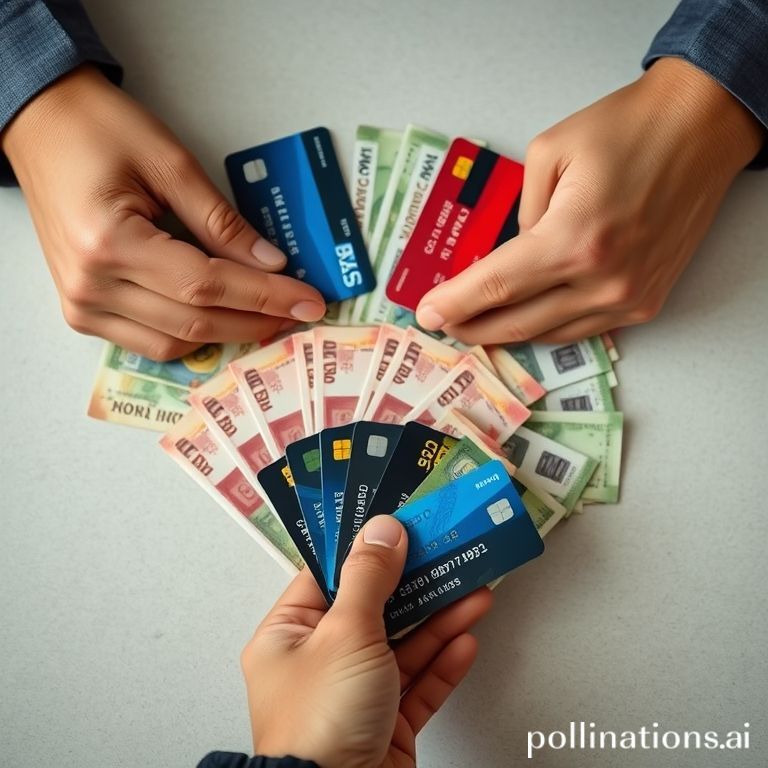 Multiple credit cards and currency, person choosing the right card