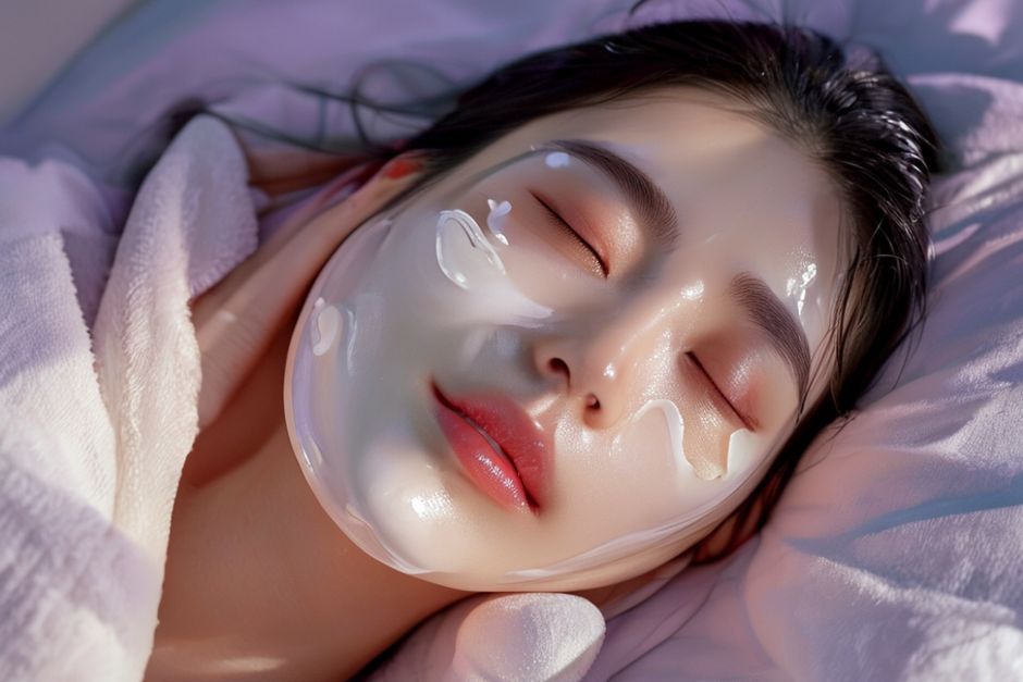 밤에 수분크림과 슬리핑팩을 바르는 일러스트