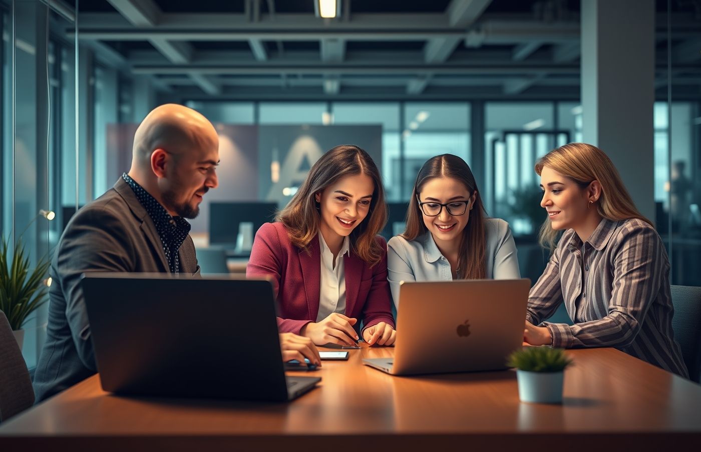 AI-generated image: office team collaborating with an AI assistant on laptops in a modern workspace
