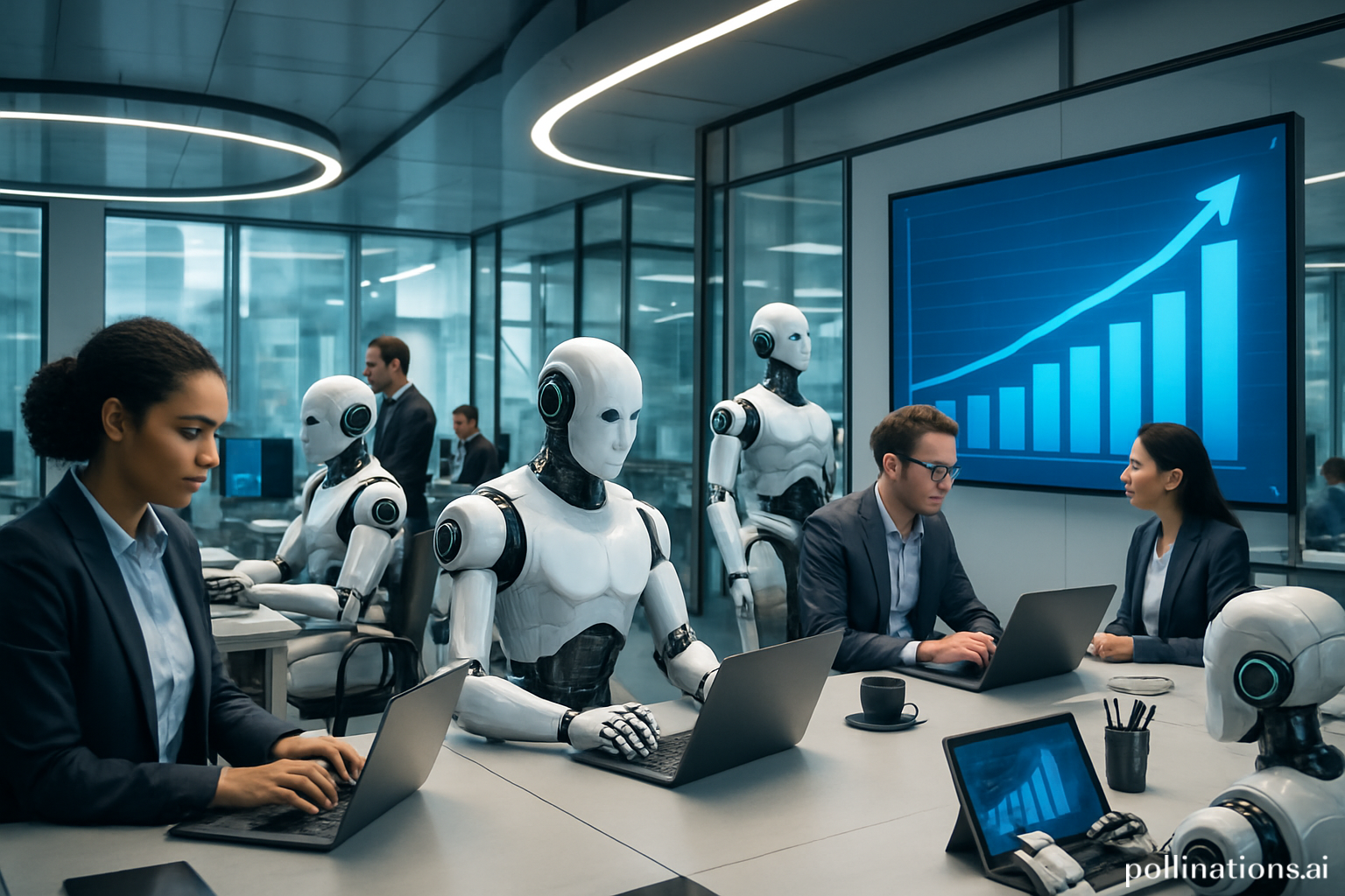 oficinas futuristas y startups, gráficos de crecimiento y robots trabajando junto a humanos