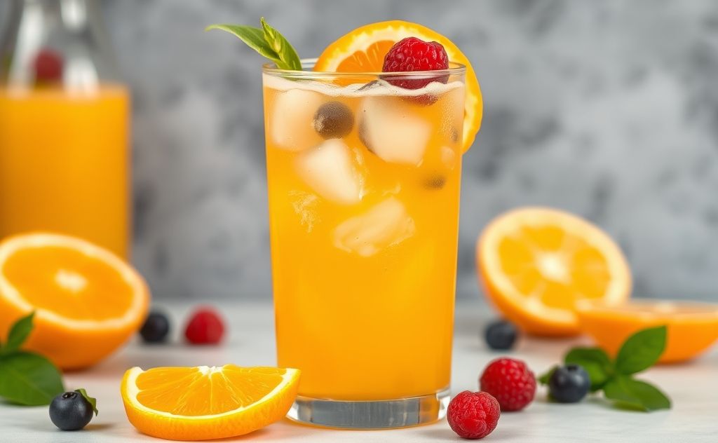 Orange juice in a refreshing glass with fruit