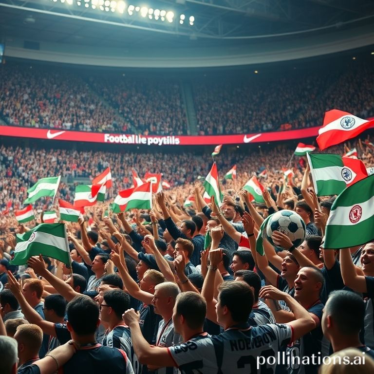 Passionate football crowd cheering with national flags in a vibrant stadium