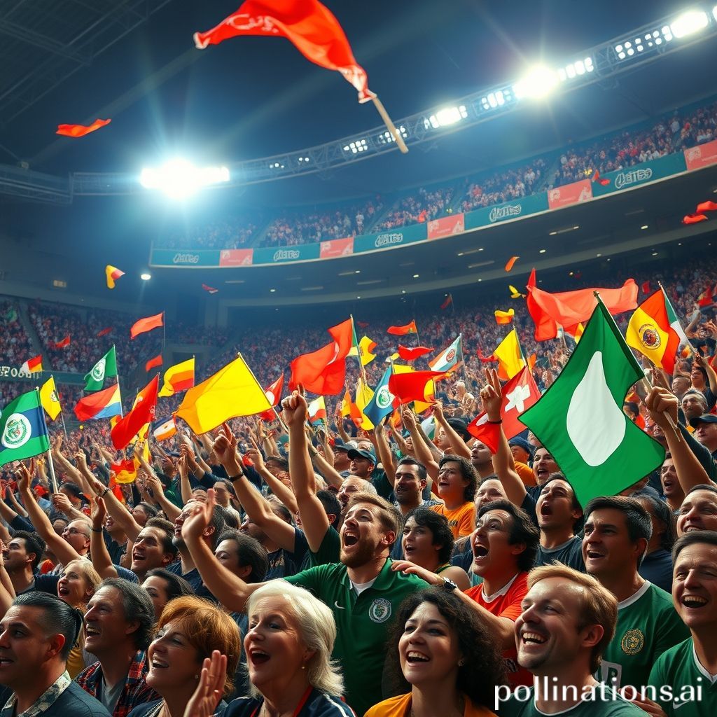 Energetic crowd of football fans cheering, waving national flags in a vibrant stadium.