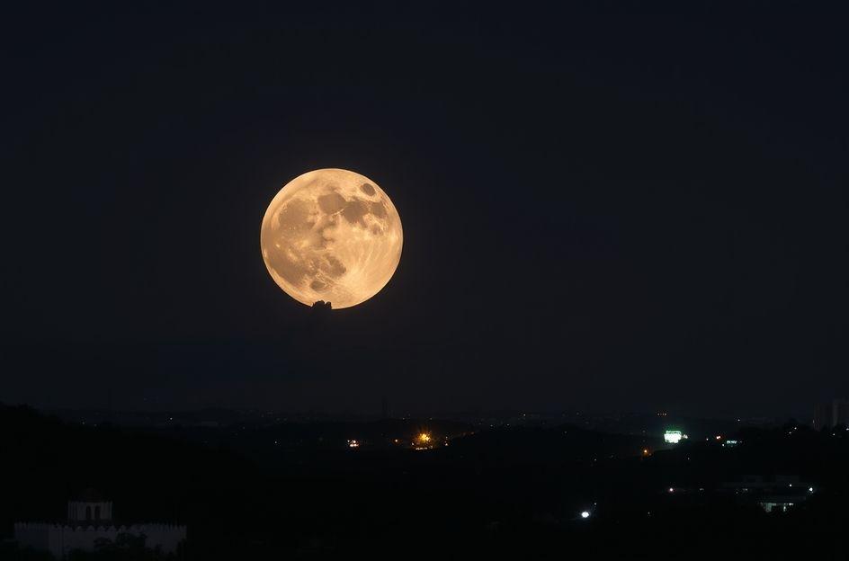 Pemandangan langit malam yang menakjubkan, menampilkan bulan purnama super besar dan bercahaya (Supermoon) dengan beberapa hujan meteor terang melesat di latar belakang. Planet-planet seperti Jupiter dan Saturnus terlihat jelas, sementara komet dengan ekor panjangnya yang samar menambah pesona. Langit penuh bintang, menciptakan suasana misterius dan agung, cocok untuk artikel astronomi.