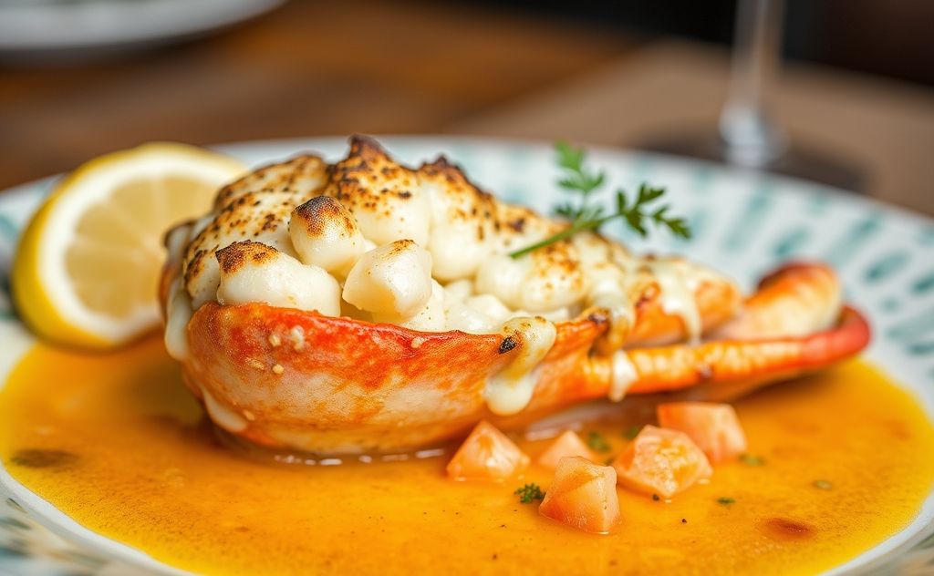 A perfectly baked king crab leg on a vibrant plate.