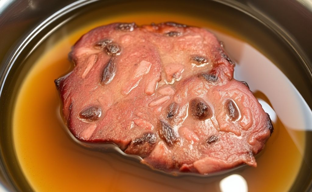 A perfectly cooked brisket in a sous vide water bath.