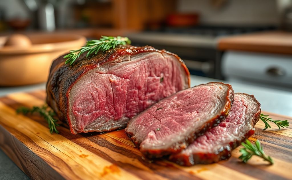 A perfectly cooked roast beef slice on a cutting board with herbs.