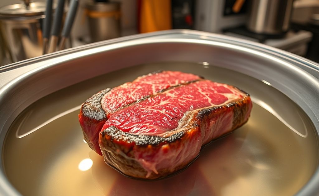 A perfectly cooked steak in a sous vide water bath.