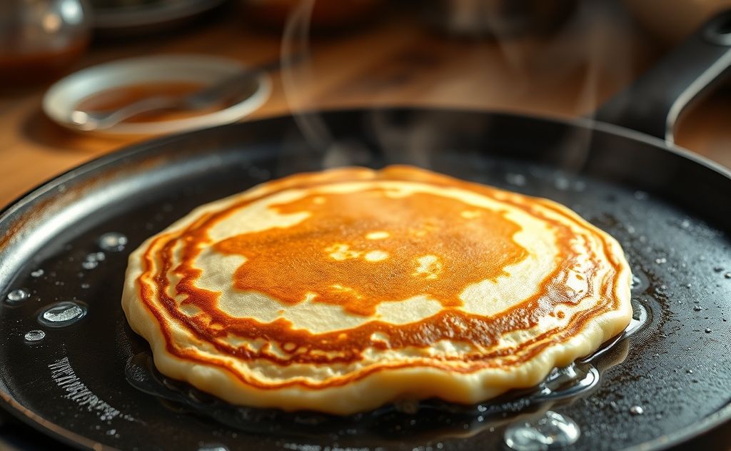 A perfectly golden pancake on a hot griddle with steam rising.