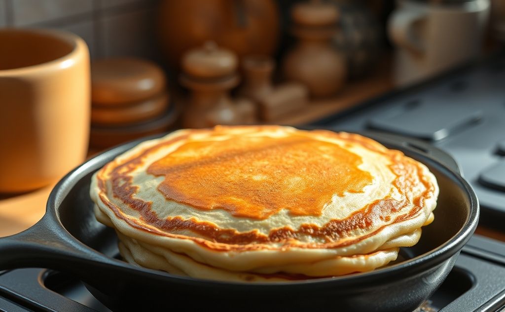 A perfectly golden pancake on a skillet with a gentle steam rising.