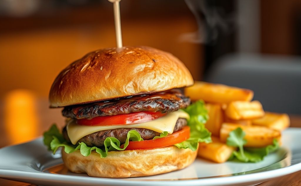 A perfectly grilled burger on a plate with steam rising.