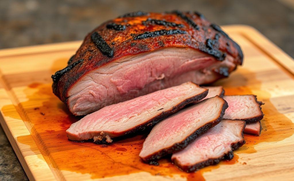 A perfectly heated brisket on a wooden cutting board.