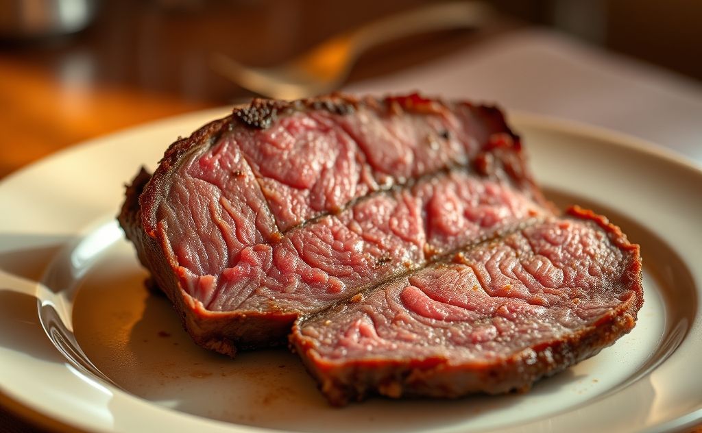 A perfectly heated slice of roast beef on a warm plate.