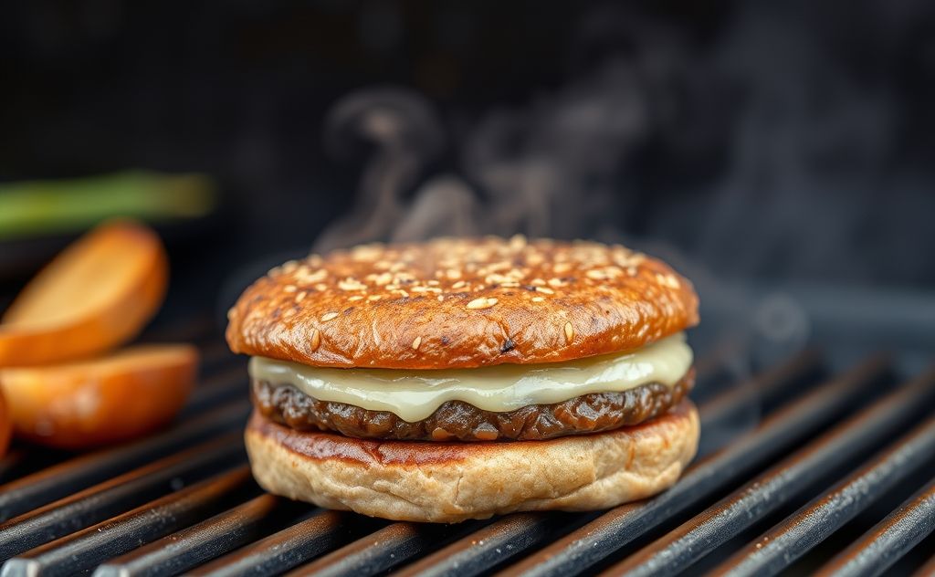 A perfectly reheated burger on a grill with steam rising.