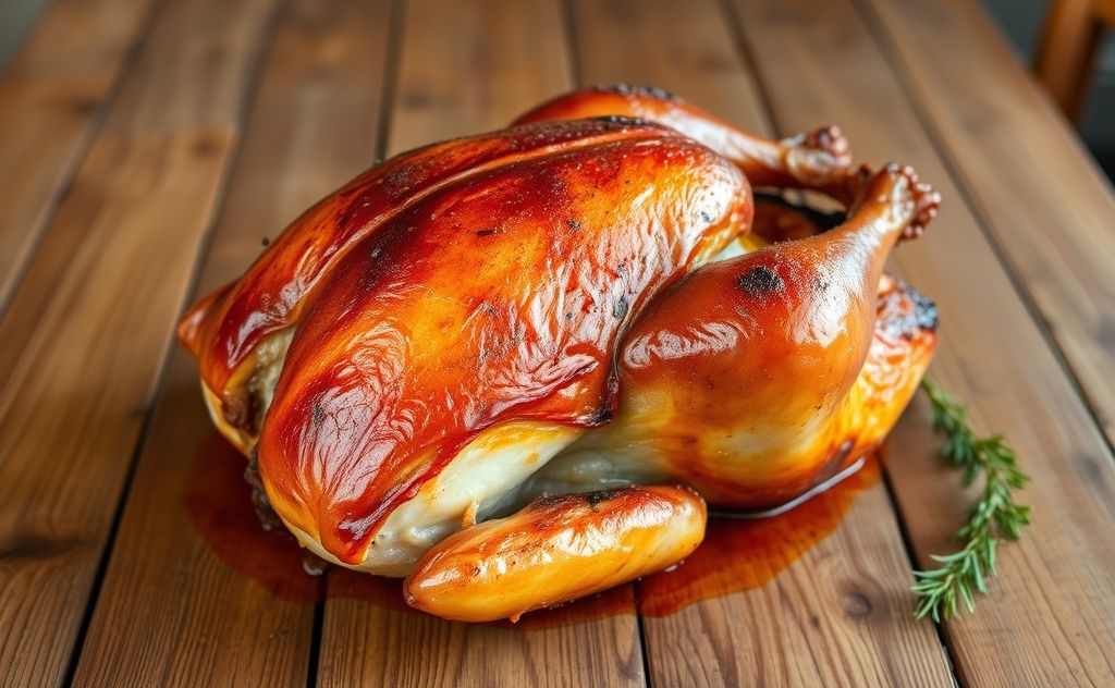 A perfectly reheated smoked turkey on a rustic wooden table.