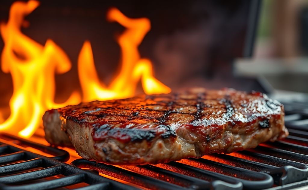 A perfectly seared steak on a grill with flames in the background.