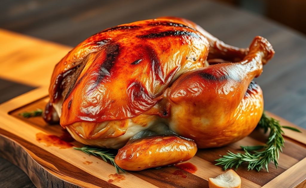 A perfectly smoked turkey on a wooden cutting board with herbs.