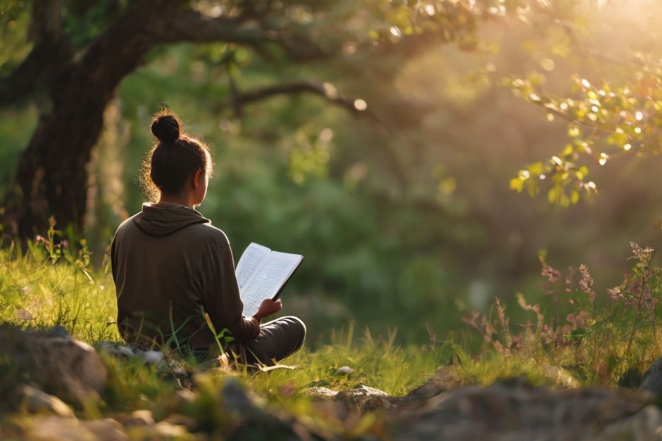 Person Reading Meditation Script in Nature