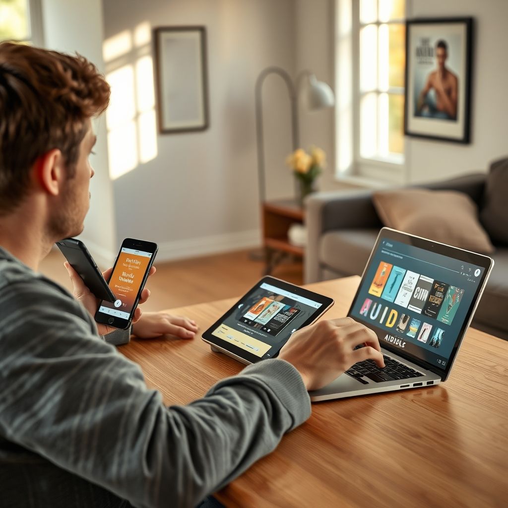 Person using Audible app on multiple devices
