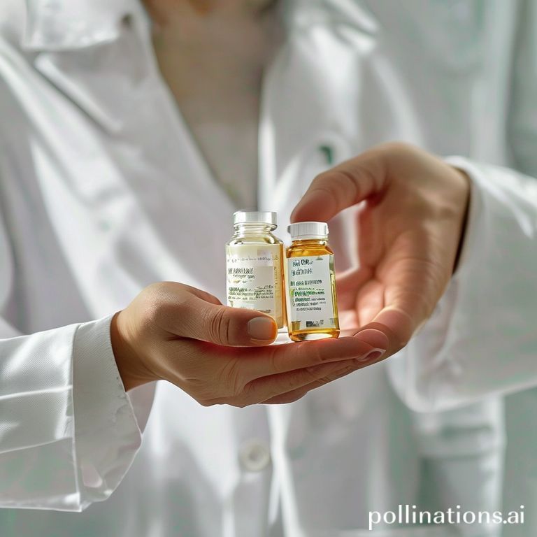 Mani di un farmacista con un flacone di integratore naturale