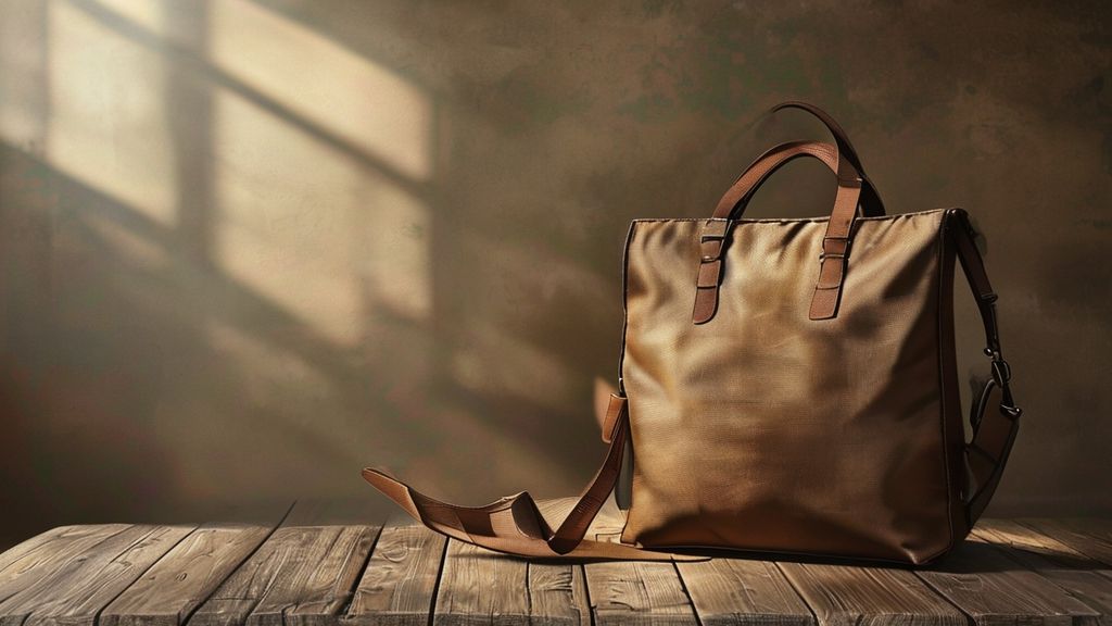 Alt Text: A photorealistic image of a durable, earth-toned travel bag resting on a wooden surface with a blurred natural background.