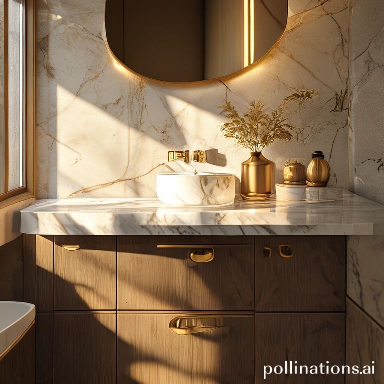 photorealistic, 8k, closeup view of a warmtoned marble vanity top with brass fixtures catching soft daylight in a compact bathroom