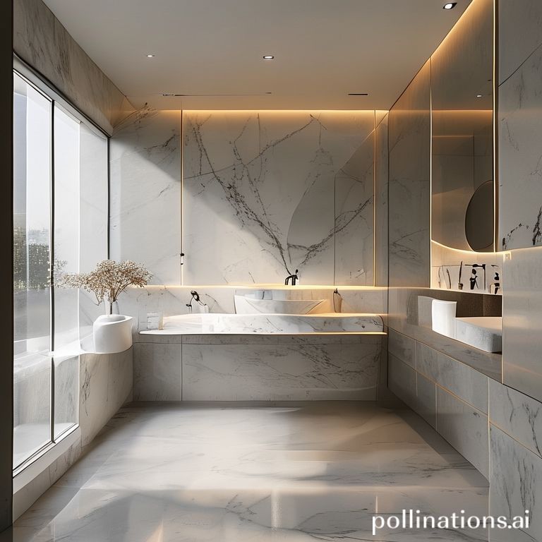 photorealistic, 8k, description of a minimalist bathroom with floating vanity and marble accents