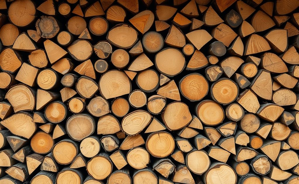 A pile of firewood with various types of wood logs stacked neatly.
