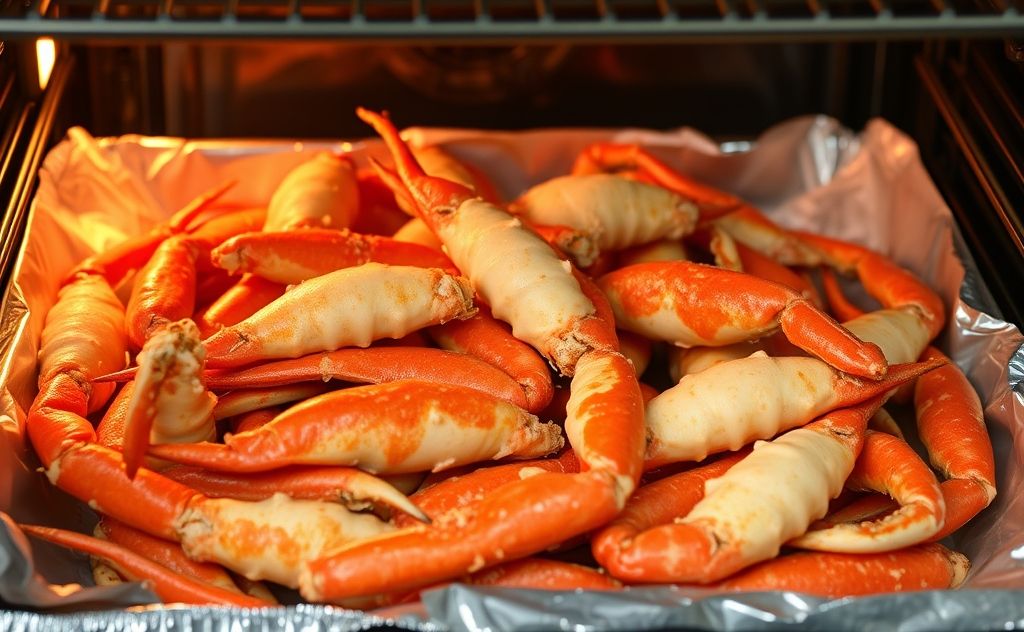 A platter of perfectly reheated crab legs in a warm oven.