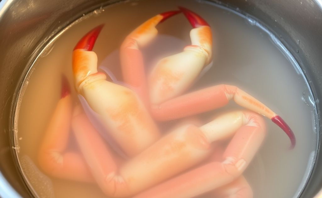 A pot of boiling water with crab legs being cooked inside.
