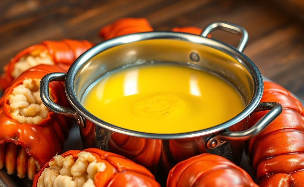 A pot of melted butter with cooked lobster tails beside it.