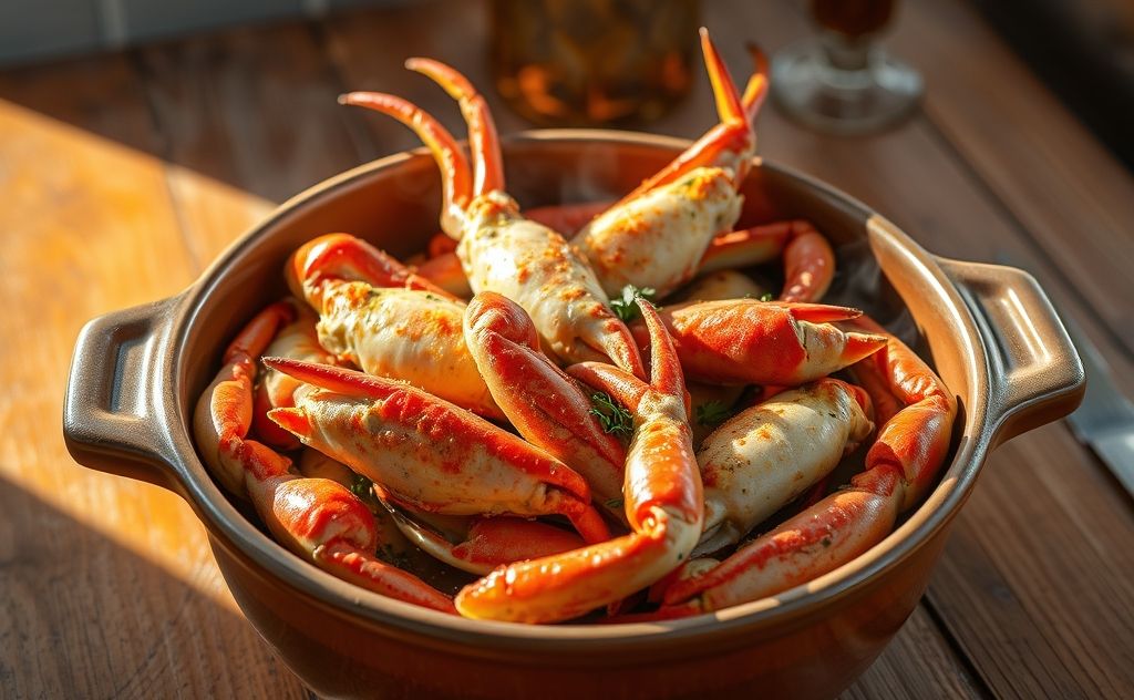 A pot of steaming crab legs with aromatic herbs and spices.
