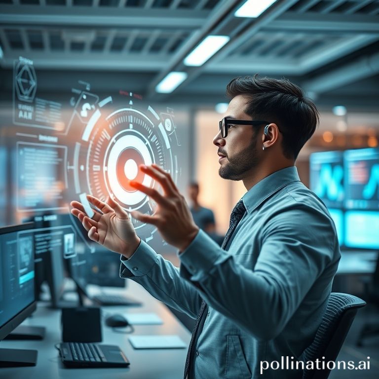 A professional in a futuristic office interacting with a holographic AI display showing data visualizations.