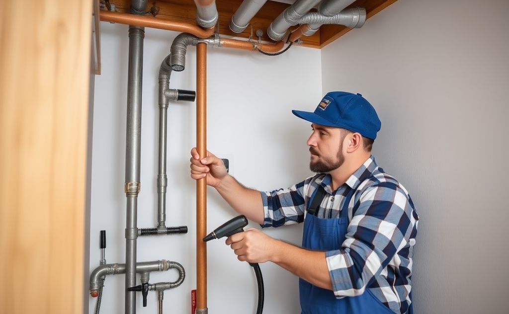 A professional plumber working on pipes in a home setting.