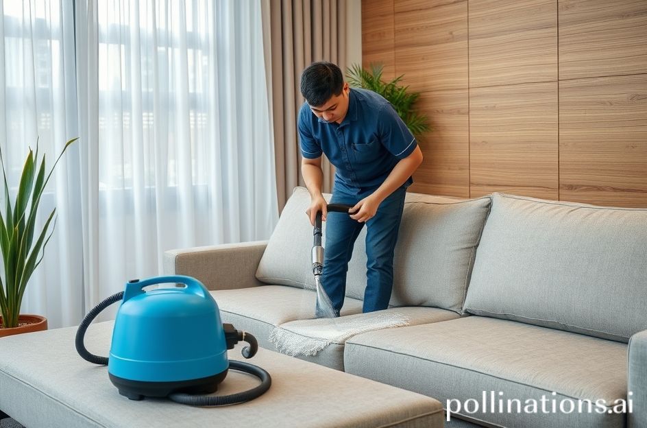 Teknisi sedang mencuci sofa di rumah area Bandung