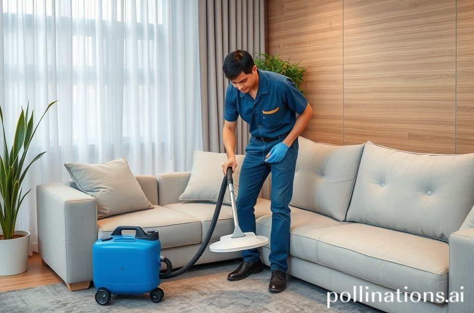 Teknisi sedang mencuci sofa di ruang tamu