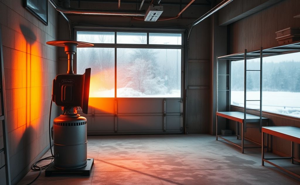 A propane heater warming a garage during winter.