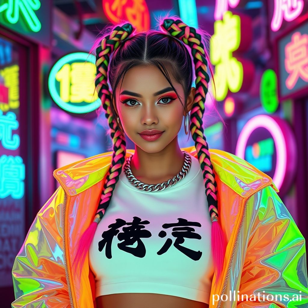 qianqian,giant_breasts,
Create an image of a young woman with large breasts and a vibrant and futuristic aesthetic. She has her hair style in multiple braids,each adorned with colorful strands of neon green,pink,blue,and yellow. Her hair is style in an upright fashion,giving a dynamic and live look. She is wearing of spectrum that through,holographic,and green-reflecting the neon lights around her. Underneath the jacket,she has on a white crop top with bold black characters that read "Pure Melon".,
Her makeup is bold and eye-catching,with bright neon pink eyeshadow that matches the overall color scheme. Her expression is confident and slightly playful,with a subtle smile and eyes that seem to be gazing directly at the viewer. She is accessorized with a chunky silver chain necklace and large hoop earrings,adding to the edgy,modern vibe .,
The background is a neon-lit environment,possibly a nightclub or a futuristic cityscape,with various neon signs in shades of pink,blue,and green. The lighting is vibrant and casts a glow on her face and jacket,enhancing the overall cyberpunk and neon aesthetic. The atmosphere is energetic and modern,capturing the essence of a night out in a futuristic,neon-lit world .,
